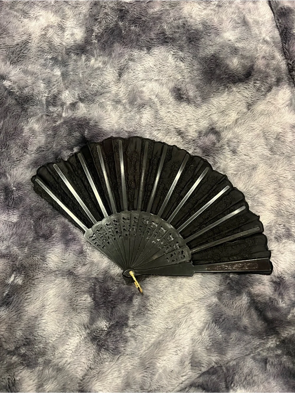 Black Lace Folding Hand Fan with Decorative Accents